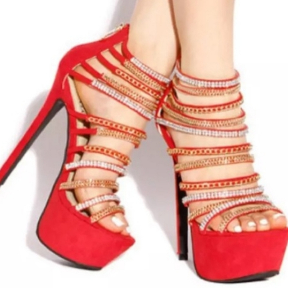 MACHI Red Rhinestone Chain Strappy Platform